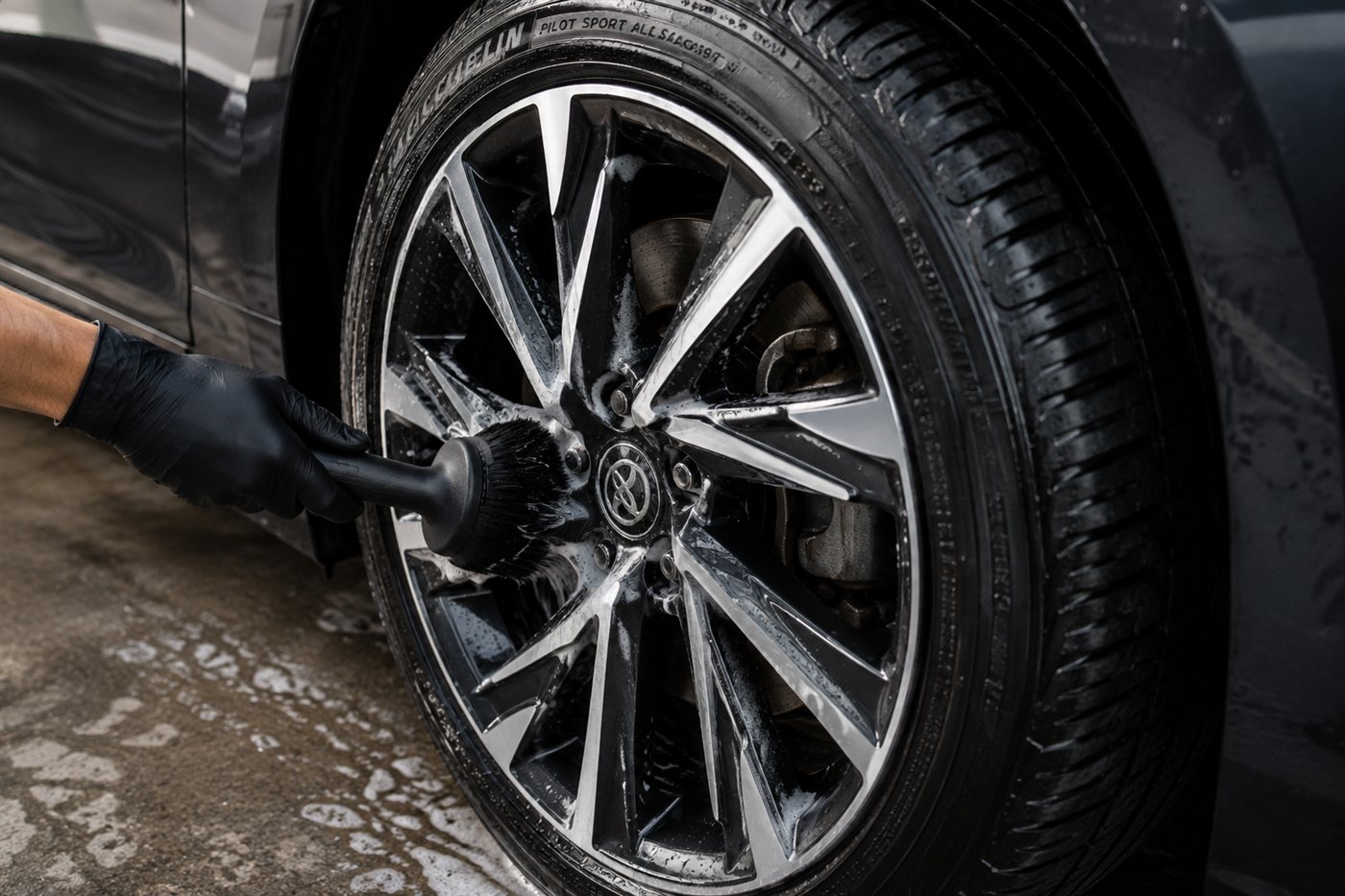 Wheel and tire being cleaned